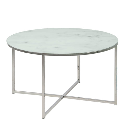 Alisma Round Coffee Table with White Marble Effect Glass Top & Silver Legs