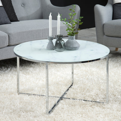 Alisma Round Coffee Table with White Marble Effect Glass Top & Silver Legs