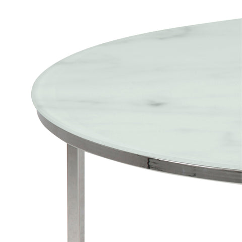 Alisma Round Coffee Table with White Marble Effect Glass Top & Silver Legs