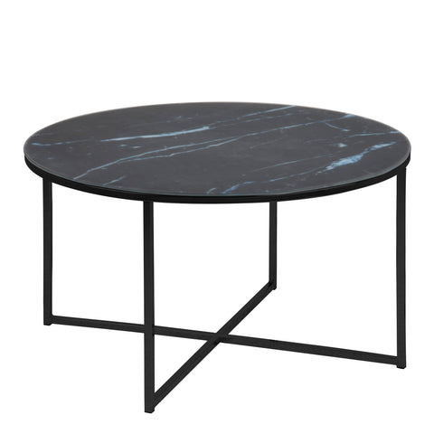 Alisma Round Coffee Table with Black Marble Effect Glass Top & Black Legs