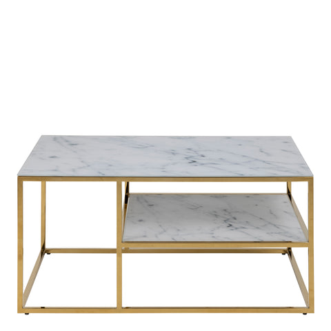 Alisma Open Shelf Coffee Table with White Marble Effect Glass Top & Gold Legs