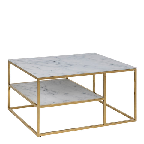 Alisma Open Shelf Coffee Table with White Marble Effect Glass Top & Gold Legs