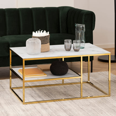 Alisma Open Shelf Coffee Table with White Marble Effect Glass Top & Gold Legs