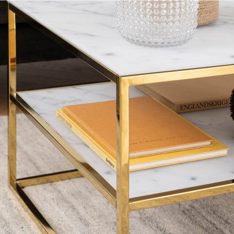 Alisma Open Shelf Coffee Table with White Marble Effect Glass Top & Gold Legs