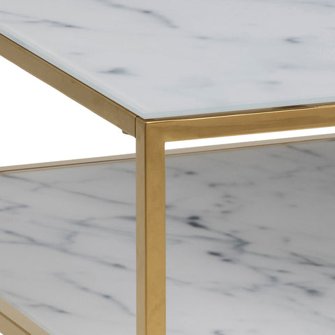 Alisma Open Shelf Coffee Table with White Marble Effect Glass Top & Gold Legs