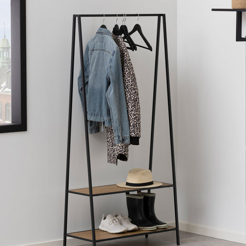 Seaford Black Metal Clothes Rack with 2 Oak Shelves