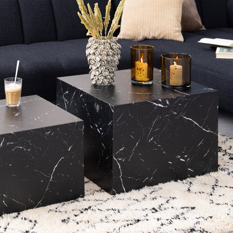 Dice Square Coffee Table Set in Black Marble Effect