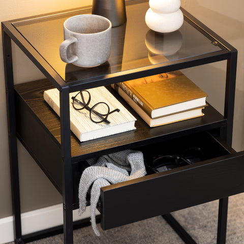 Randolf Bedside Table in Black with Smoked Glass